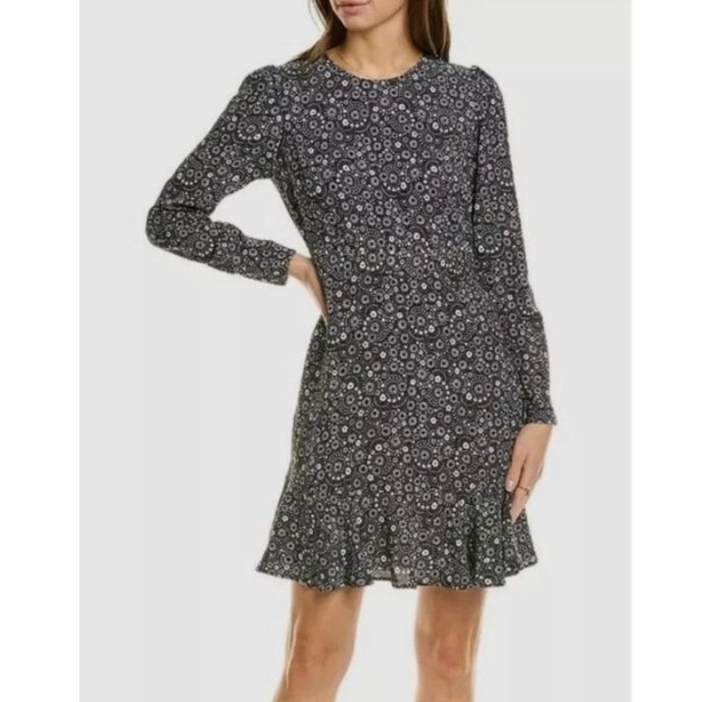Boden Long Sleeve Flippy Mini Dress Black White Daisy Floral 8R Cottagecore